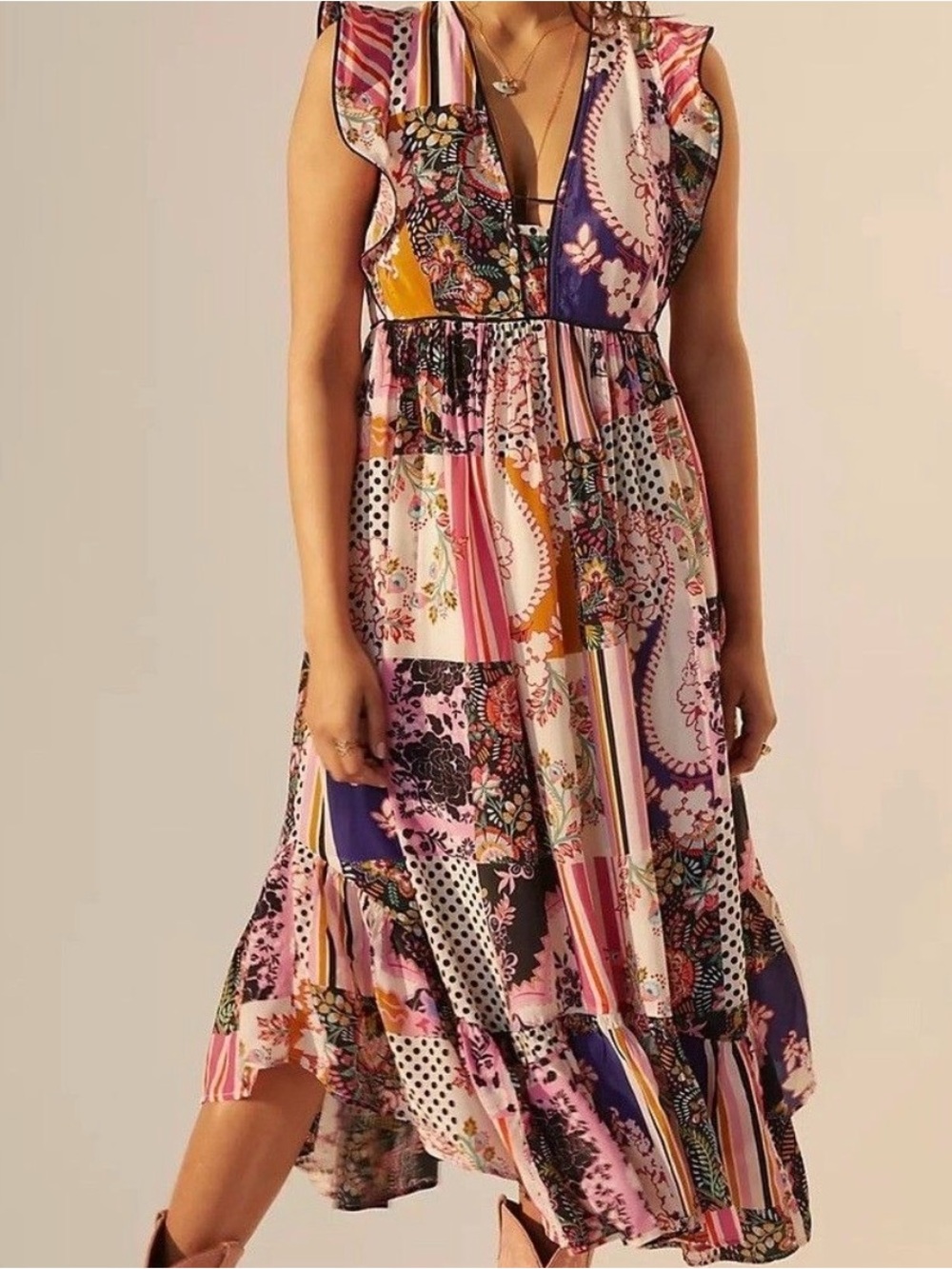 Anthropologie Patchwork Midi Dress in Pink, Navy & Mustard